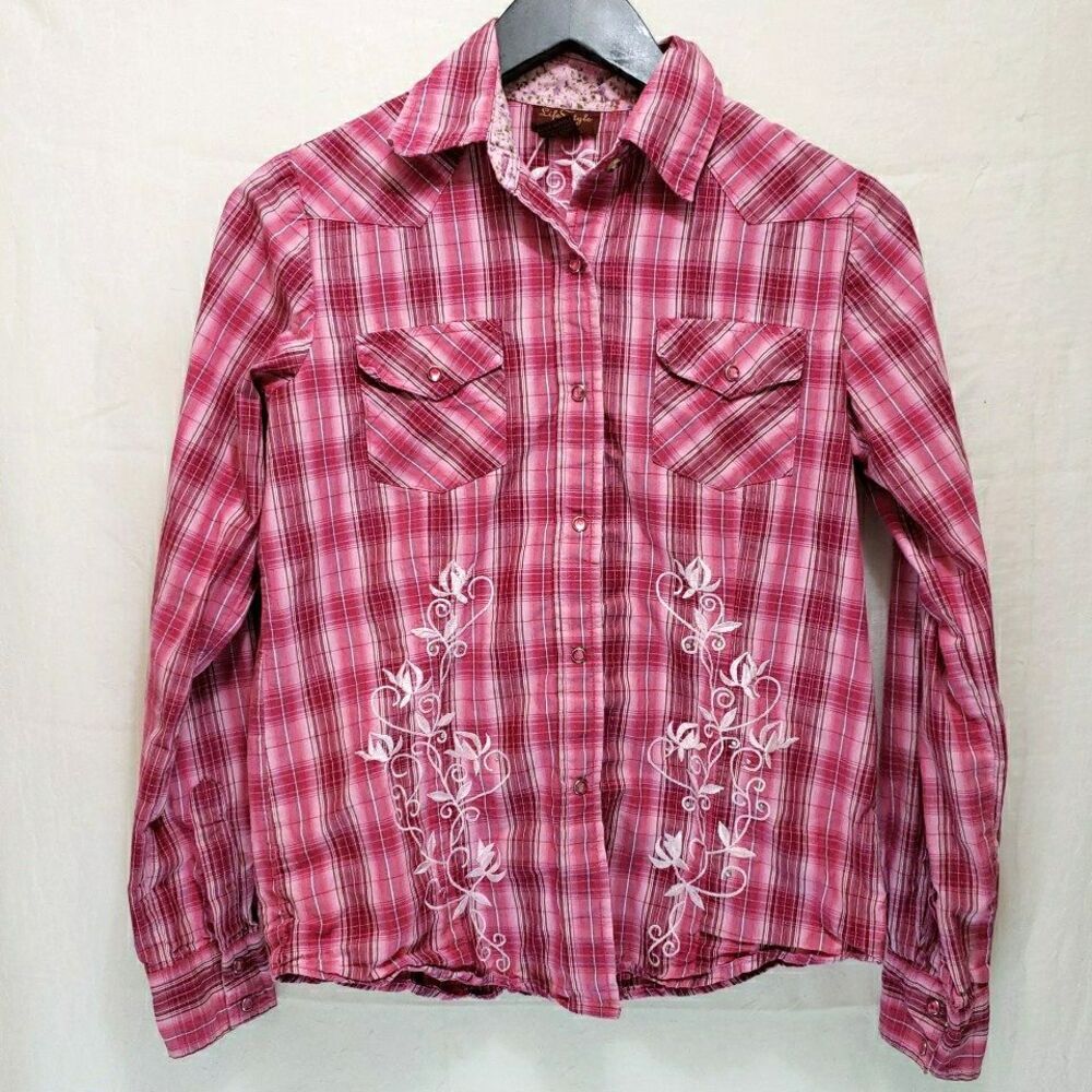 LifeStyle Pink Plaid Embroidered Western Snap Shirt Women's Size S Long Sleeve